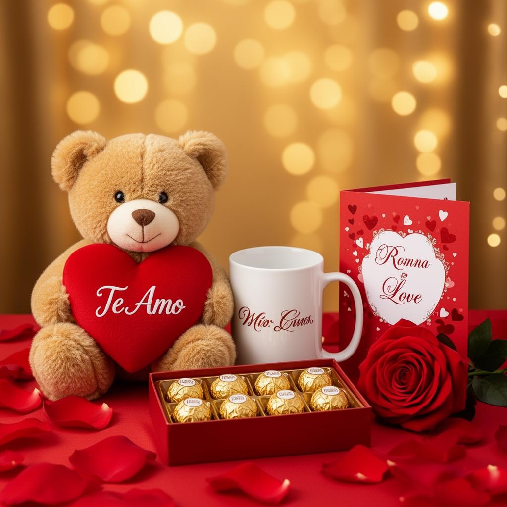 Kit de Presente para Namorada com ursinho, caneca, chocolates, rosa e cartão
